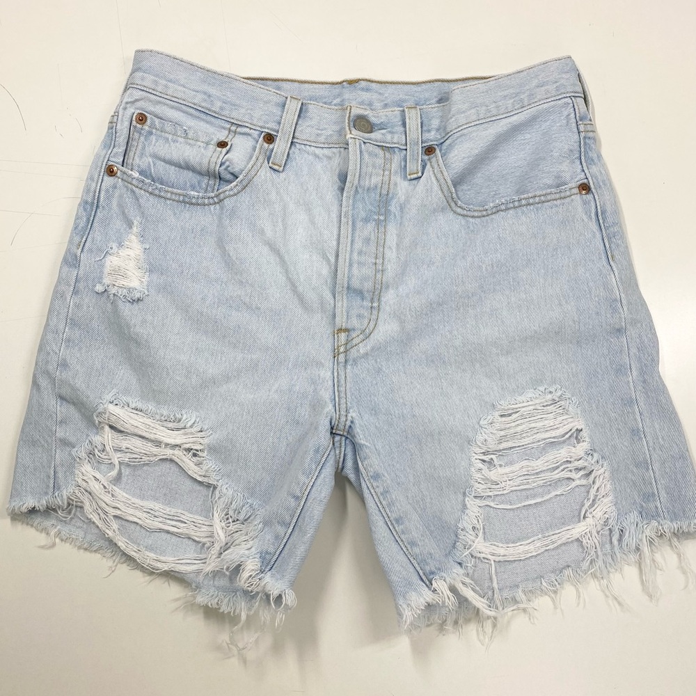 Levi's 501 High Rise Distressed Blue Jean Cutoff Denim Shorts Waist 30 Raw Hem - Picture 12 of 12